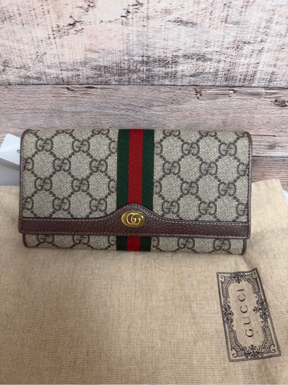 Gucci Ophidia Canvas & Leather Continental Wallet With Gold Crossbody Chain